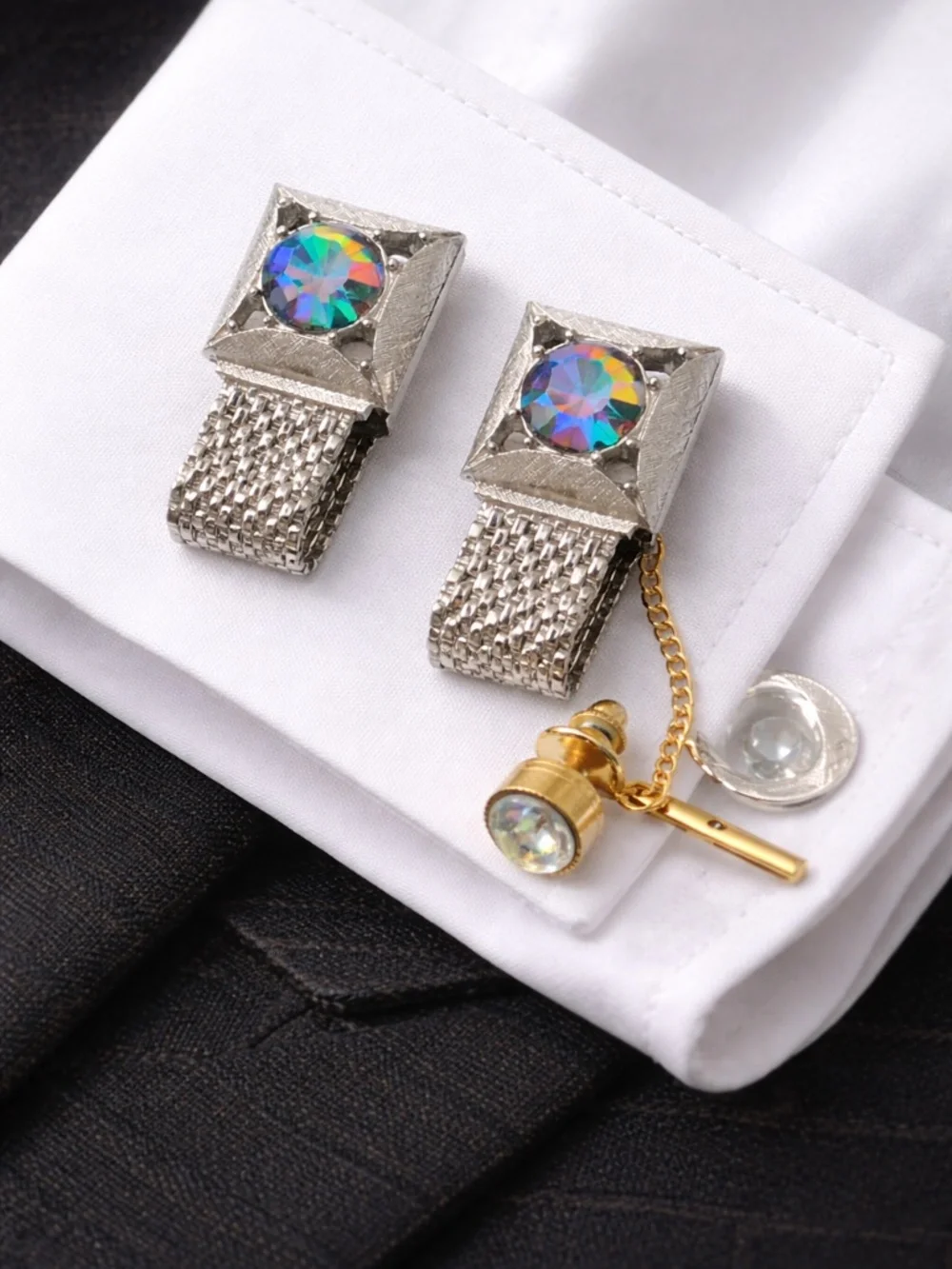 Vintage Swank Aurora Borealis Crystal Wrap Cufflinks w/ matching Tie Tack 1960s